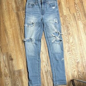 Hi-Rise Straight Distressed Blue Jeans